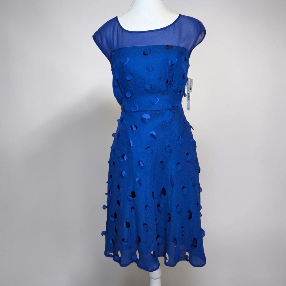 NEW Antonio Melani Nilda Blue Laser Cut 3D Polka Dot Silk Trim Dress 2 Cocktail